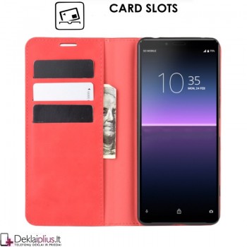 Dirbtinės odos atverčiamas dėklas su skyreliais - raudonas (Sony Xperia 10 II)